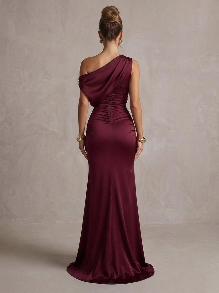 Satin Mermaid One Shoulder Maxi Formal Dresses with Side Waist Ruched