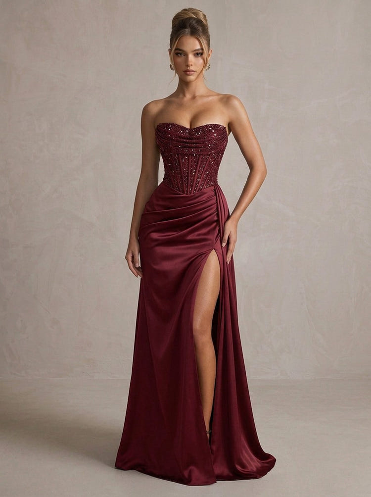Satin Mermaid Strapless Maxi Formal Dresses with Beaded Tulle Corset