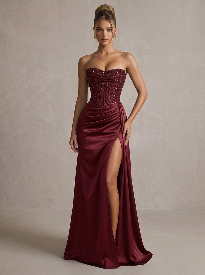 Satin Mermaid Strapless Maxi Formal Dresses with Beaded Tulle Corset