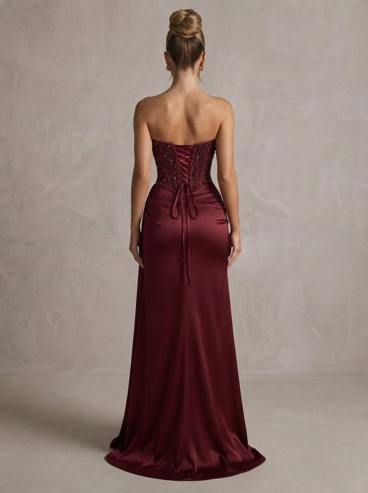 Satin Mermaid Strapless Maxi Formal Dresses with Beaded Tulle Corset