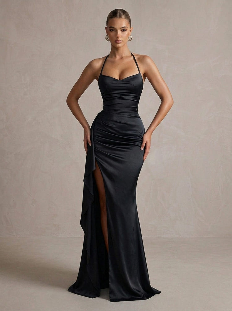 Satin Mermaid Halter Maxi Formal Dresses with Ruffles