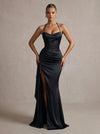 Satin Mermaid Halter Maxi Formal Dresses with Ruffles
