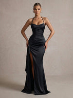 Satin Mermaid Halter Maxi Formal Dresses with Ruffles