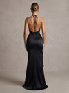 Satin Mermaid Halter Maxi Formal Dresses with Ruffles