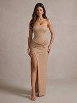 Sequins Mermaid Strapless Maxi Formal Dresses with Ruched