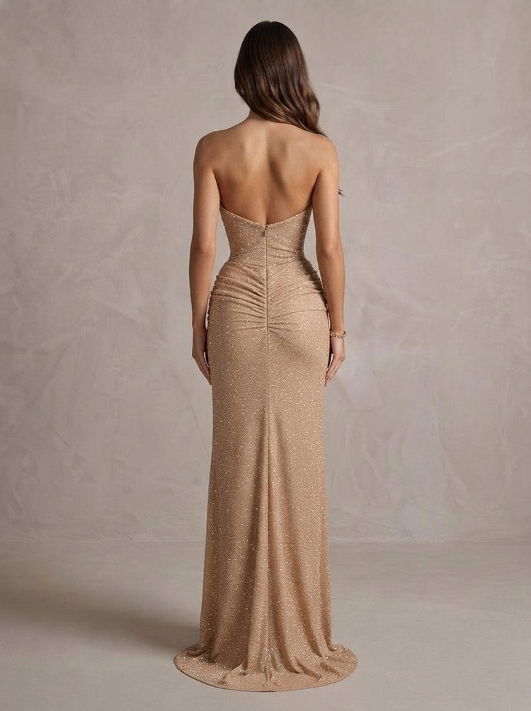 Sequins Mermaid Strapless Maxi Formal Dresses with Ruched