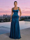Satin A-Line Square Neck Maxi Formal Dresses with Corset Bodice