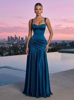 Satin A-Line Square Neck Maxi Formal Dresses with Corset Bodice