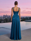 Satin A-Line Square Neck Maxi Formal Dresses with Corset Bodice