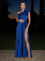 Satin A-Line Off Shoulder Maxi Formal Dresses with Delicate Pleated