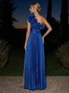 Satin A-Line Off Shoulder Maxi Formal Dresses with Delicate Pleated