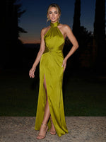 Satin Mermaid Halter Maxi Formal Dresses with Twisted Knot