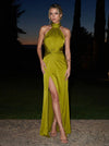 Satin Mermaid Halter Maxi Formal Dresses with Twisted Knot