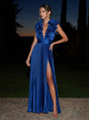 Satin A-Line V Neck Maxi Formal Dresses with Delicate Pleated