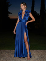 Satin A-Line V Neck Maxi Formal Dresses with Delicate Pleated