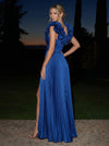Satin A-Line V Neck Maxi Formal Dresses with Delicate Pleated