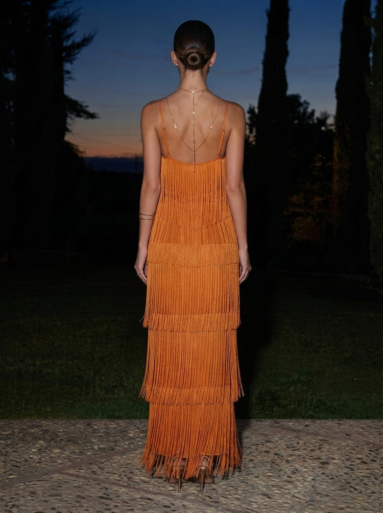 Fringe A-Line Spaghetti Straps V Neck Maxi Formal Dresses