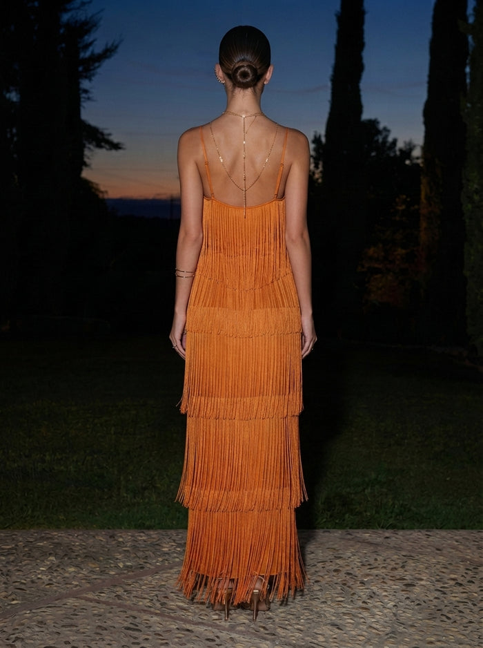 Fringe A-Line Spaghetti Straps V Neck Maxi Formal Dresses