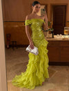 Sequins Organza Mermaid Off Shoulder Maxi Formal Dresses with Ruffles