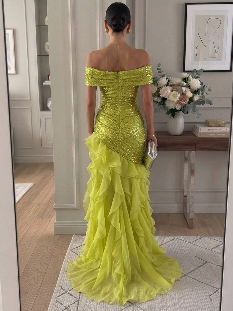 Sequins Organza Mermaid Off Shoulder Maxi Formal Dresses with Ruffles