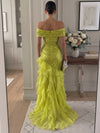 Sequins Organza Mermaid Off Shoulder Maxi Formal Dresses with Ruffles