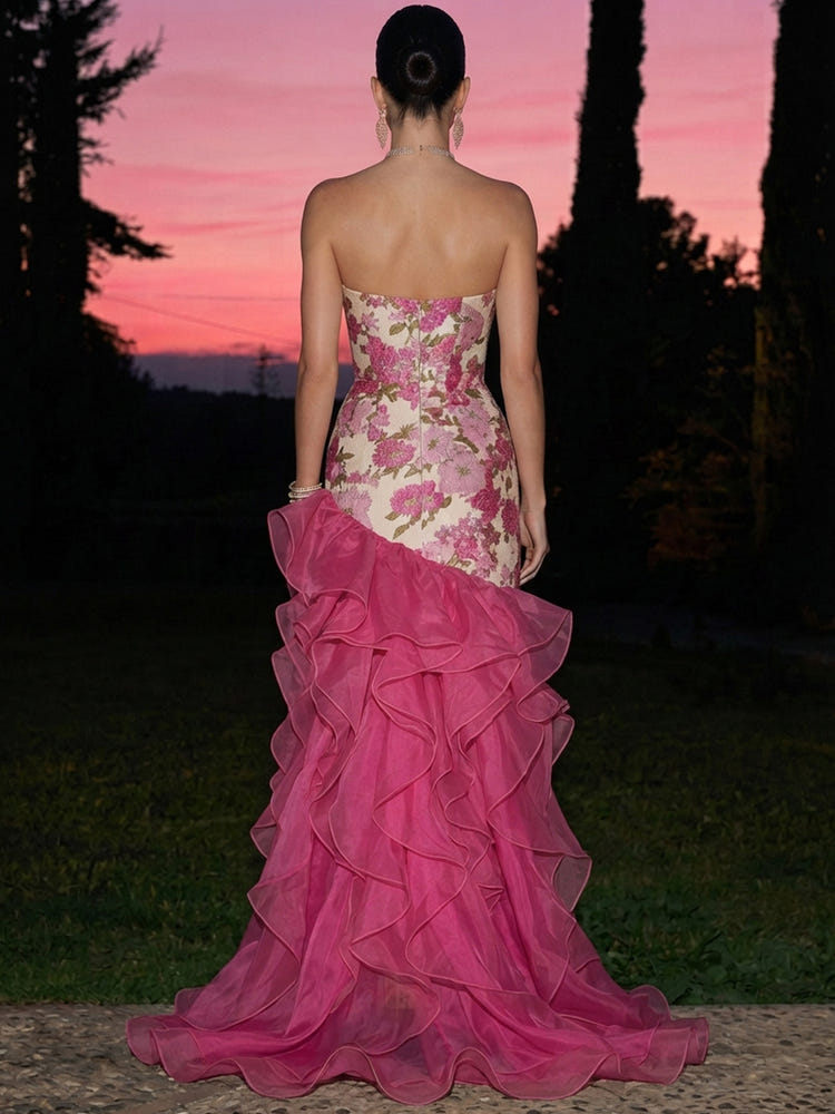 Jacquard Organza Mermaid Strapless Maxi Formal Dresses with Ruffles