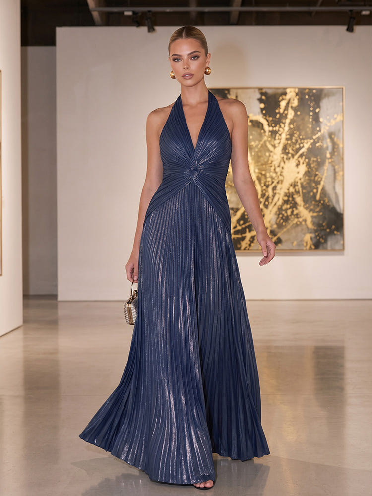 Metallic Satin A-Line Halter Maxi Formal Dresses with Delicate Pleated