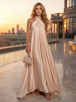 Satin A-Line Halter Maxi Formal Dresses with Criss Cross V Neck
