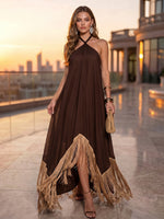 Chiffon A-Line Halter Maxi Formal Dresses with Fringes