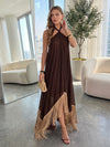 Chiffon A-Line Halter Maxi Formal Dresses with Fringes
