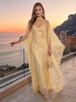 Organza Sheath High Neck Maxi Formal Dresses with Cape