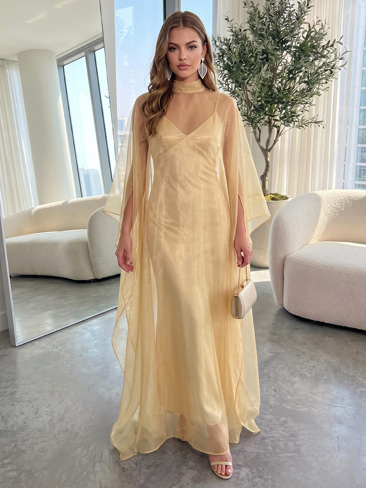 Organza Sheath High Neck Maxi Formal Dresses with Cape