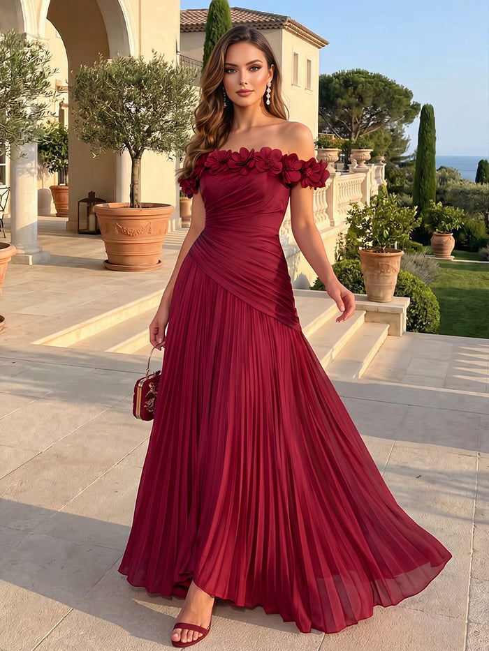 Chiffon A-Line Strapless Maxi Formal Dresses with 3D Flowers