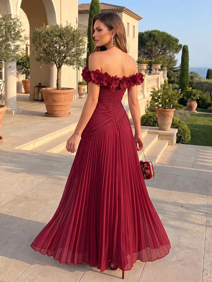 Chiffon A-Line Strapless Maxi Formal Dresses with 3D Flowers