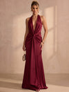 Satin Mermaid Halter Maxi Formal Dresses with Twisted Knot