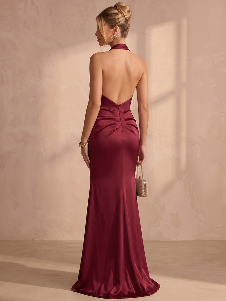 Satin Mermaid Halter Maxi Formal Dresses with Twisted Knot