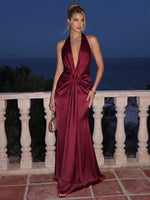 Satin Mermaid Halter Maxi Formal Dresses with Twisted Knot