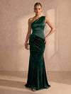 Velvet Mermaid One Shoulder Maxi Formal Dresses with Pleated