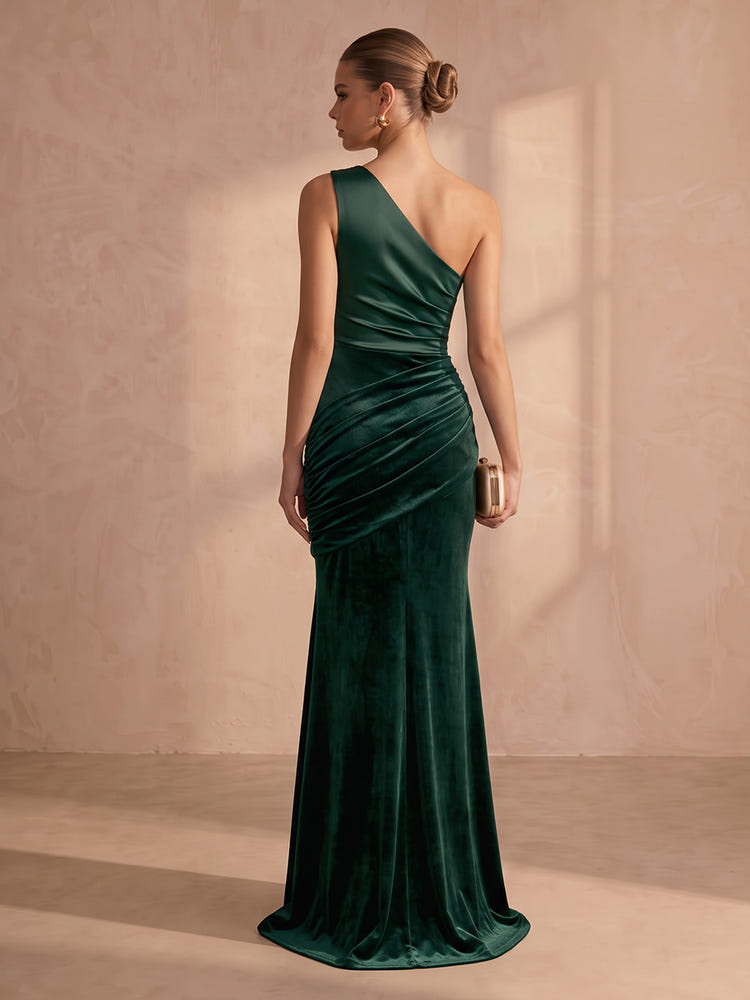 Velvet Mermaid One Shoulder Maxi Formal Dresses with Pleated
