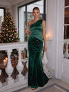 Velvet Mermaid One Shoulder Maxi Formal Dresses with Pleated