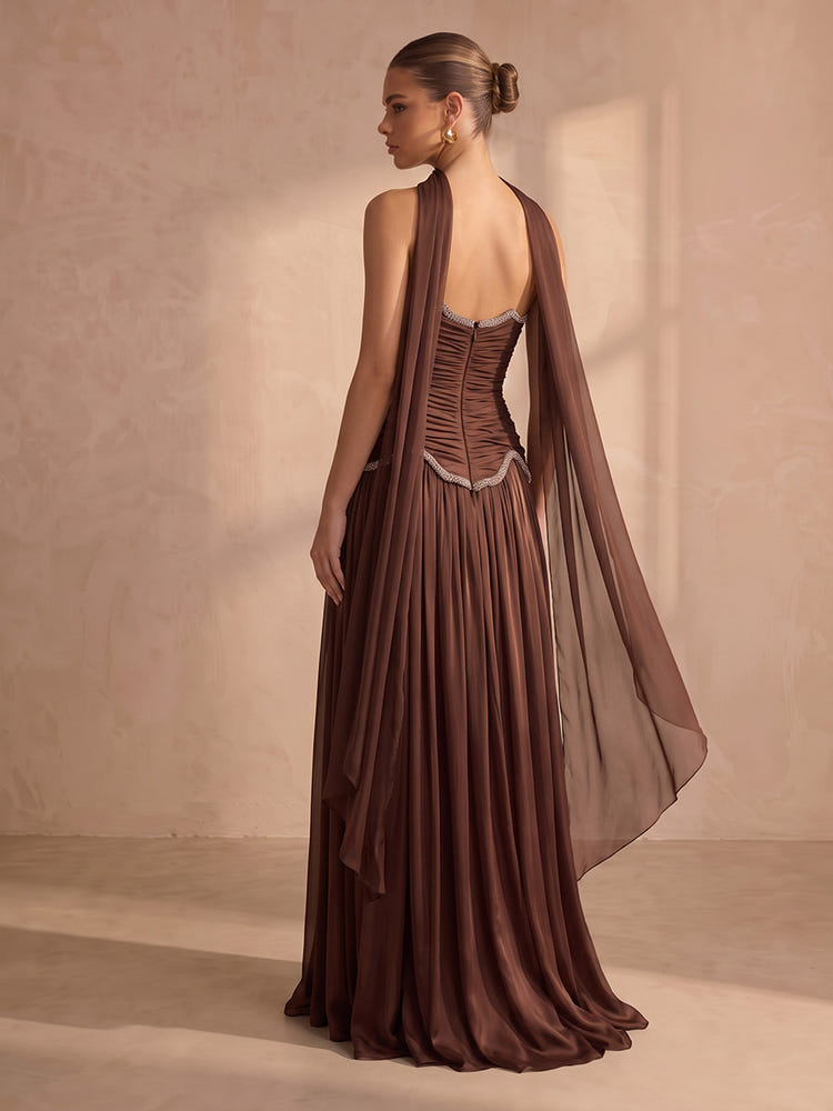 Chiffon A-Line Strapless Maxi Formal Dresses with Beaded