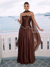 Chiffon A-Line Strapless Maxi Formal Dresses with Beaded