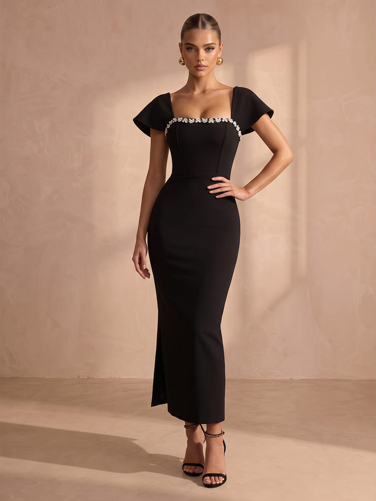 Jersey Mermaid Square Neck Maxi Cocktail Dresses with Rhinestone