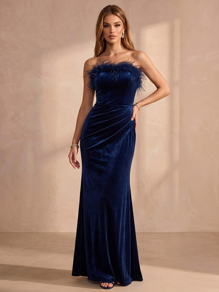 Velvet Mermaid Strapless Maxi Formal Dresses with Feathers
