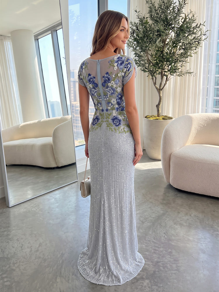 Crew Neck Short Sleeves Mermaid Floral Embroidery Sequin Formal Dresses