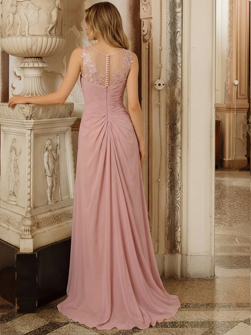 A Line Lace Applique Pleated Long Mother of the Bride Dresses