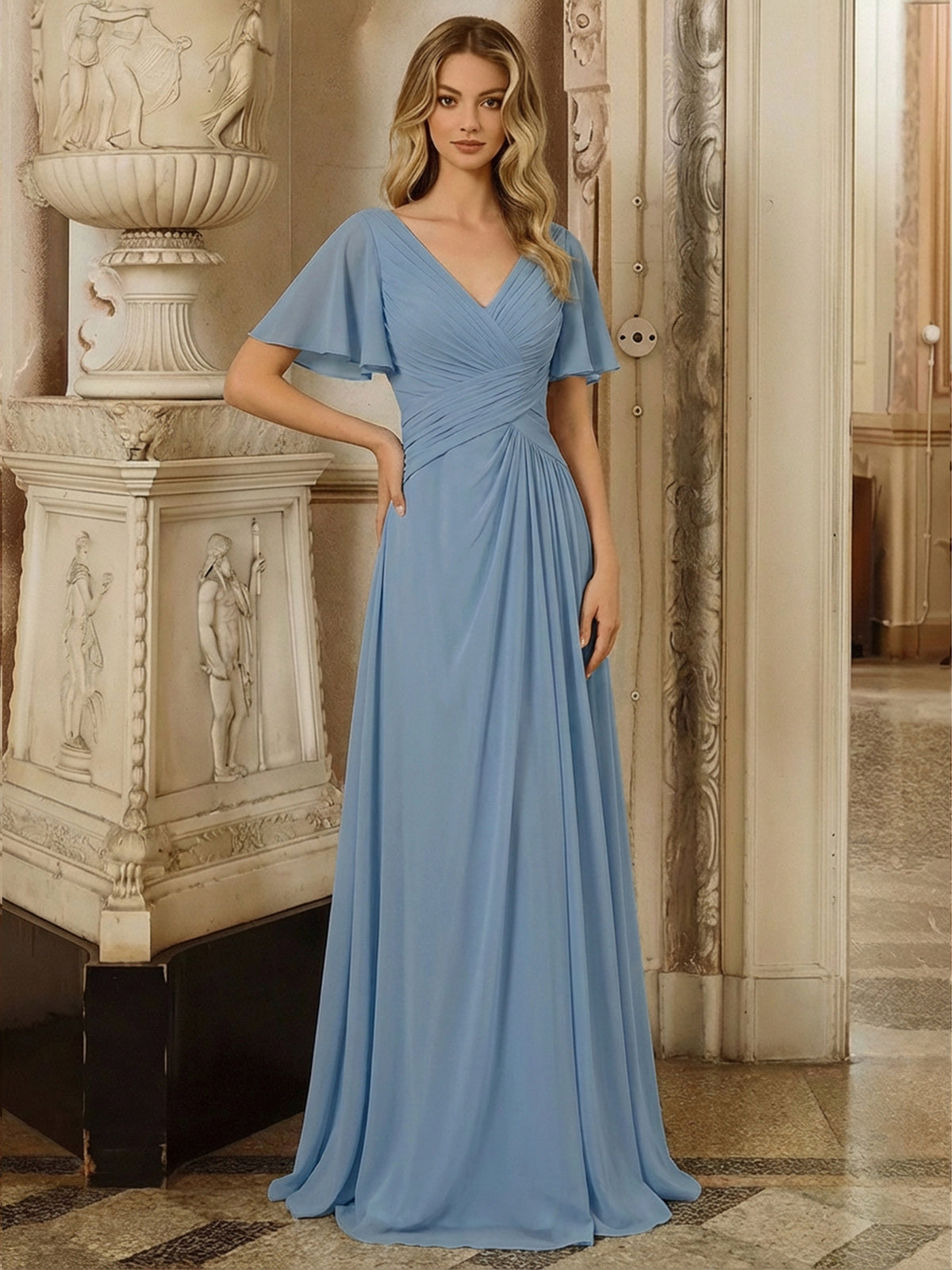 Chiffon V Neck Pleated Mother of the Bride Dresses with Sleeves