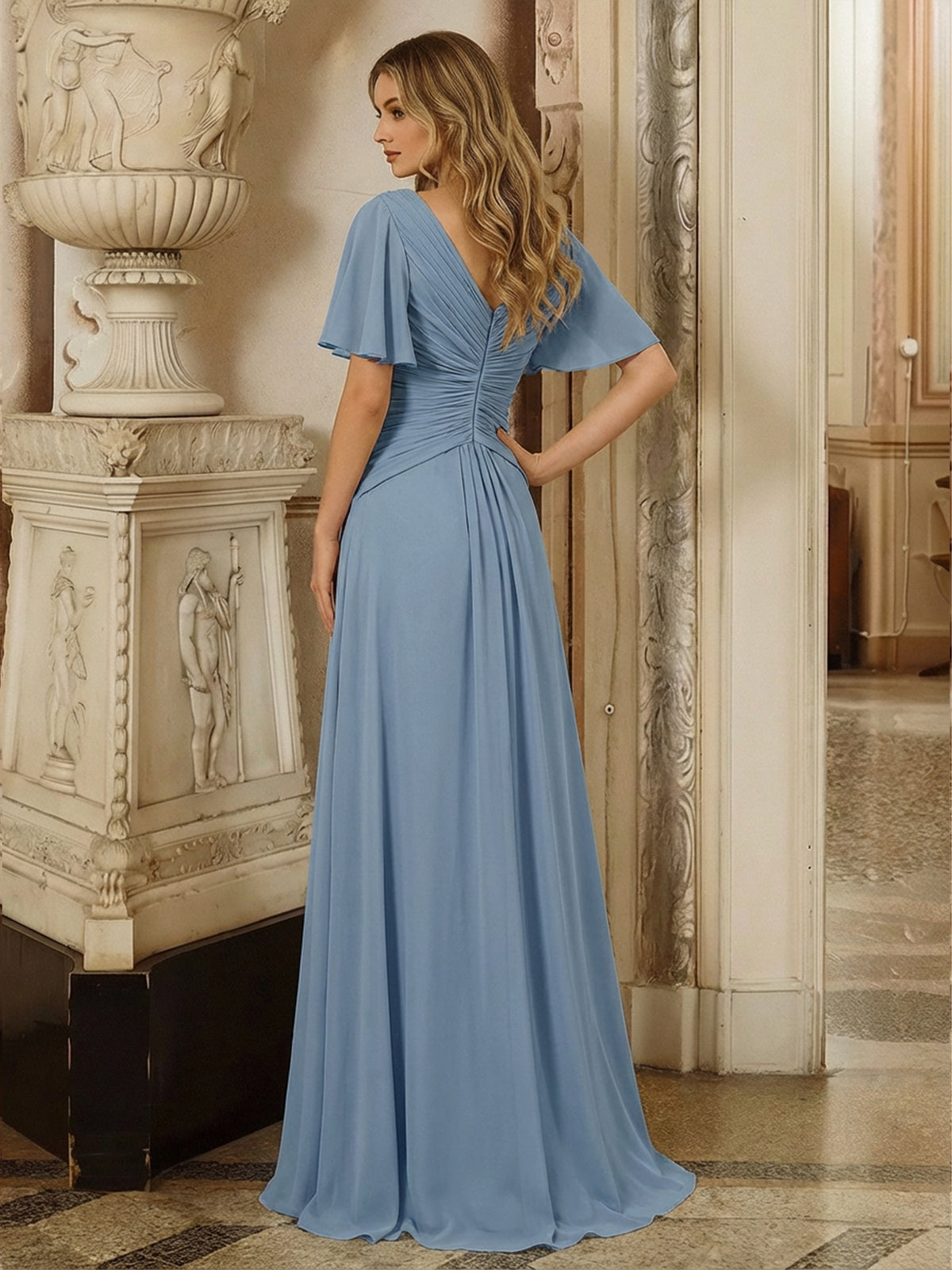 Chiffon V Neck Pleated Mother of the Bride Dresses with Sleeves