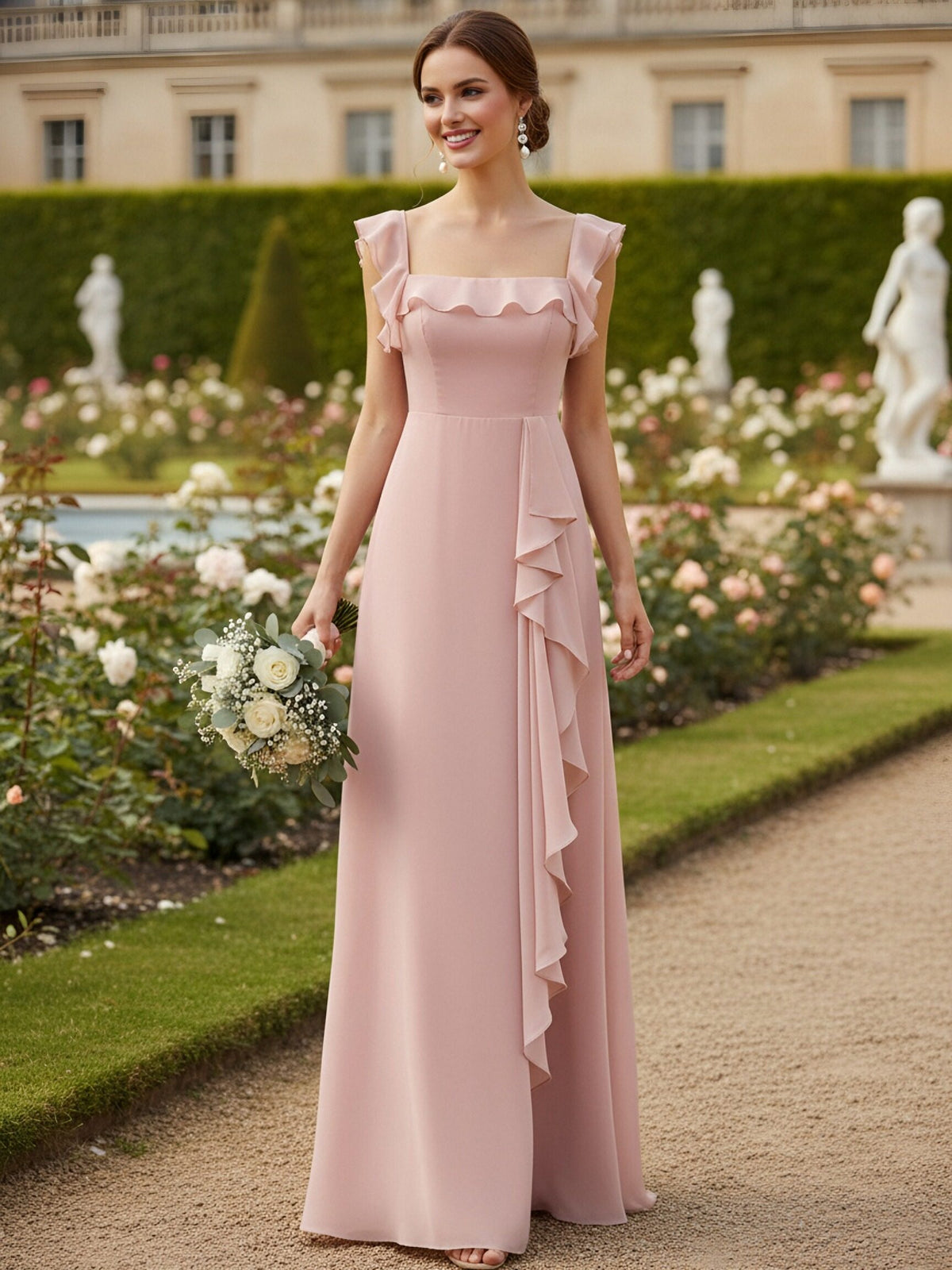 Chiffon Square Neck Ruffles Bridesmaid Dresses