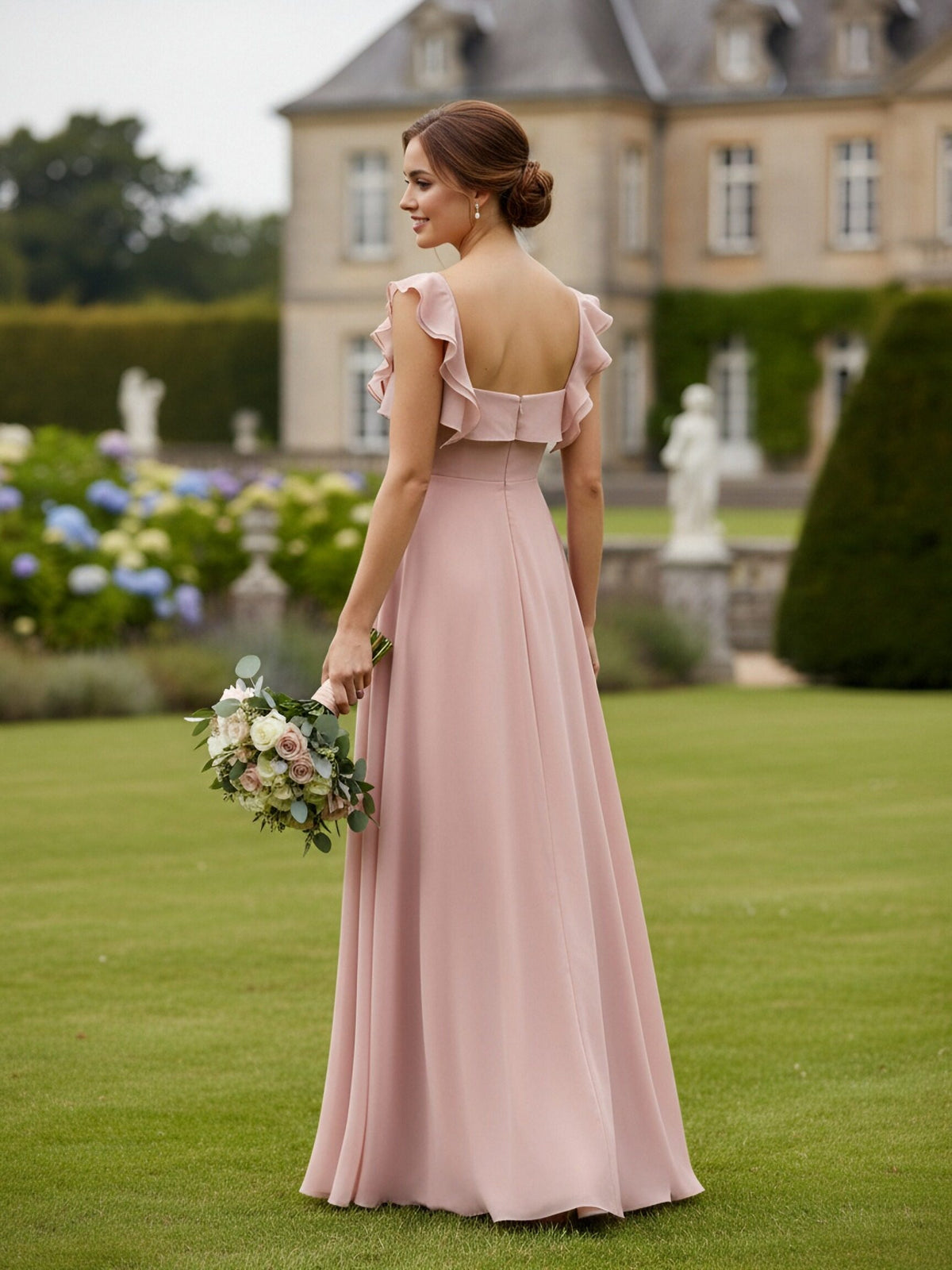 Chiffon Square Neck Ruffles Bridesmaid Dresses
